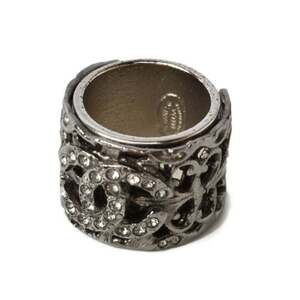 CHANEL Coco Mark Rhinestone and Pearl Gunmetal Ring, Size 13